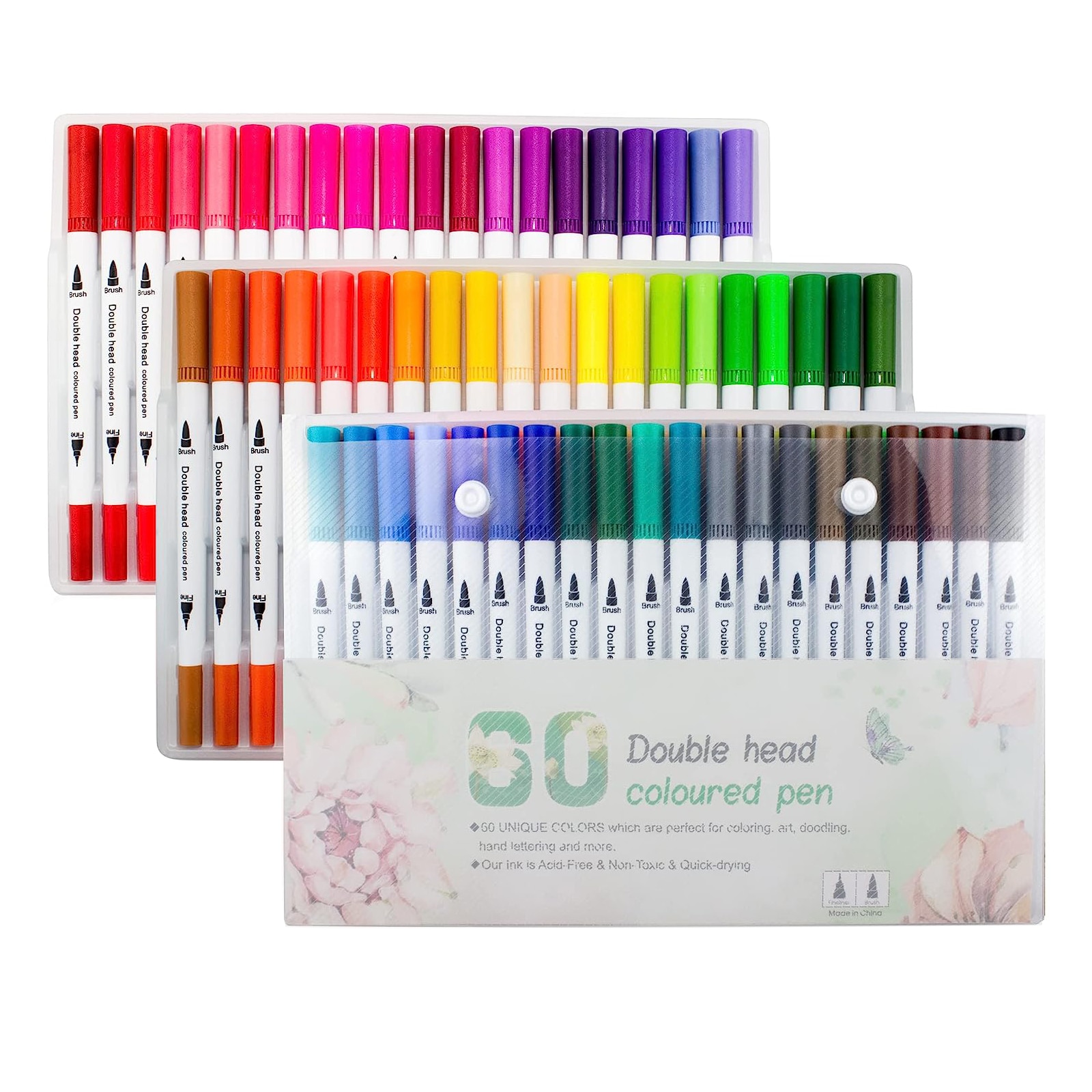 60 db-os marker készlet, vékony és vastag végei 0,4mm 1-5mm, vízbázisú,  mosható, sokszínű 