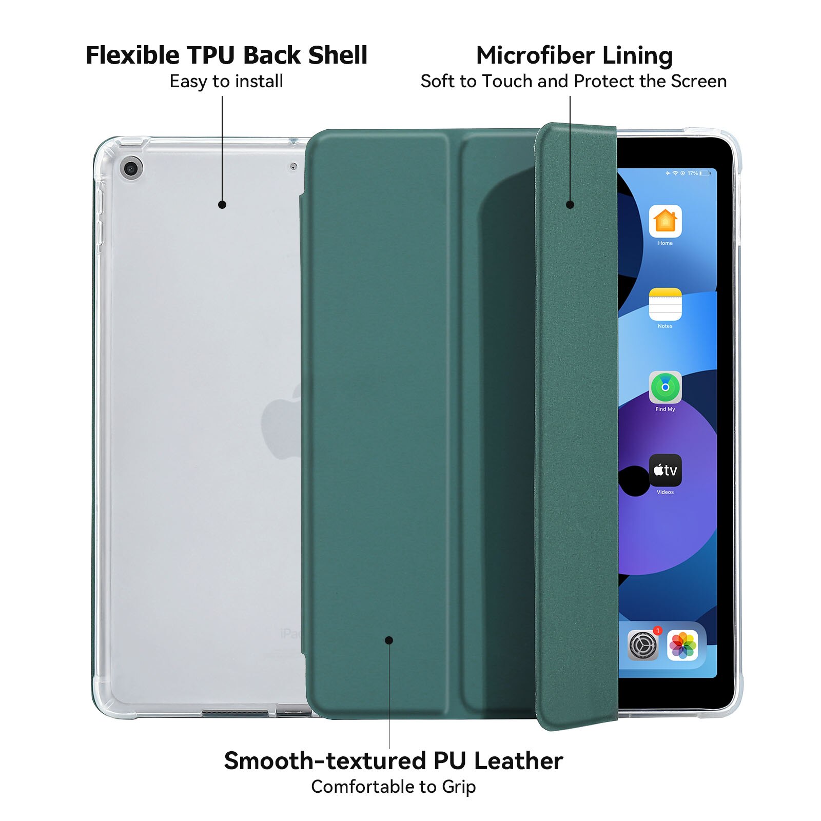 Husa protectie tableta, MuyDouxTech, Piele ecologica/Microfibra/Termoplastic, Pentru iPad 10.2", Suport pentru creion incorporat, Spate moale translucid, Verde inchis/Transparent