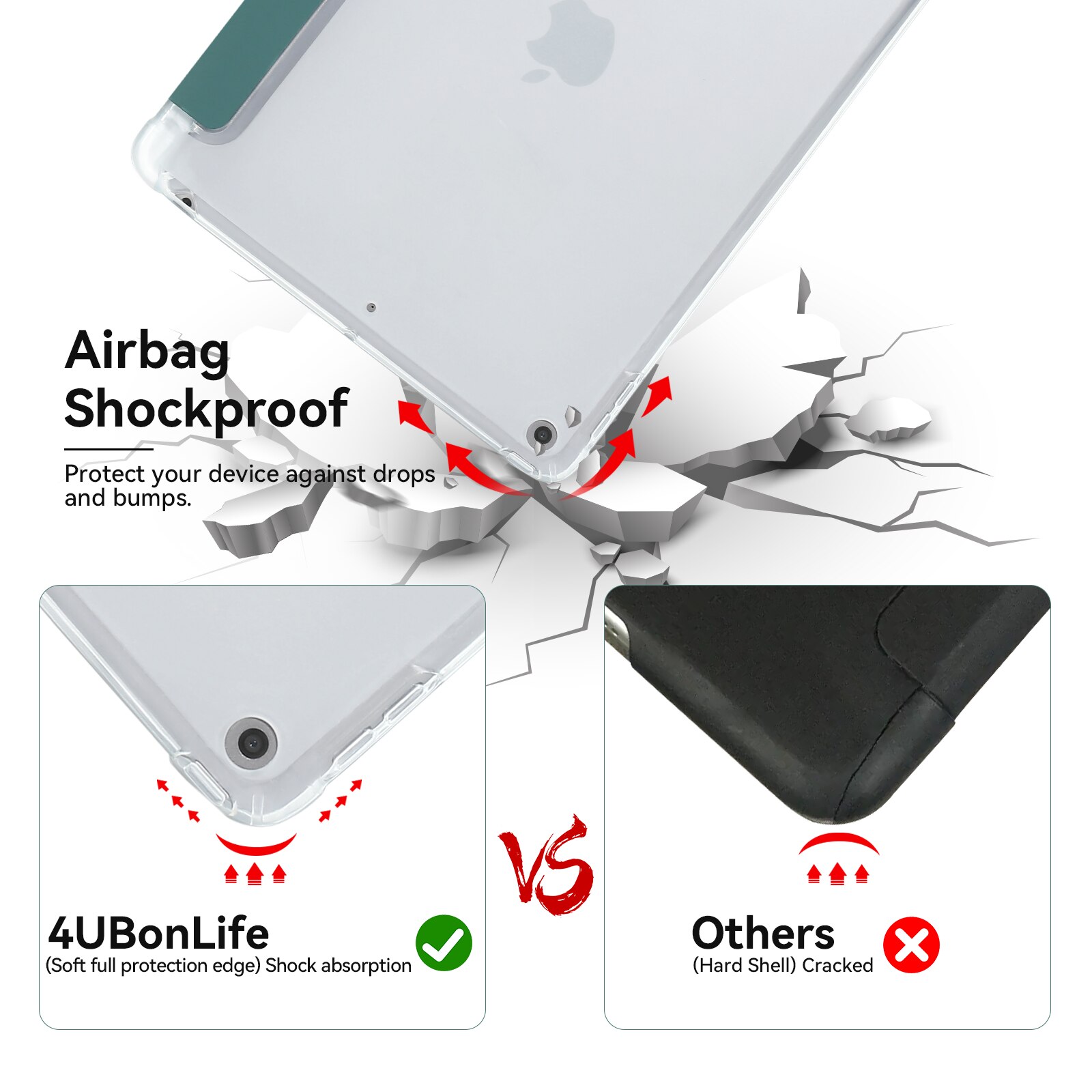 Husa protectie tableta, MuyDouxTech, Piele ecologica/Microfibra/Termoplastic, Pentru iPad 10.2", Suport pentru creion incorporat, Spate moale translucid, Verde inchis/Transparent