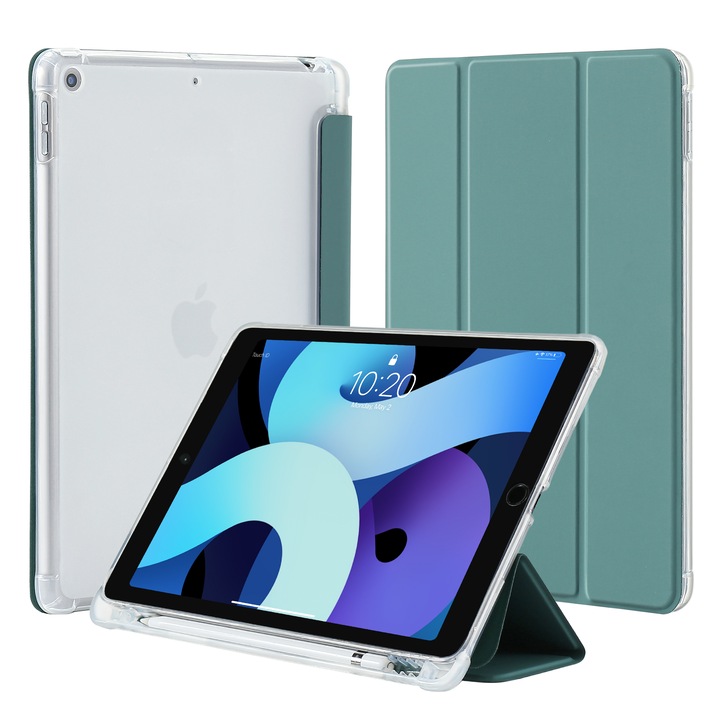 Husa protectie tableta, MuyDouxTech, Piele ecologica/Microfibra/Termoplastic, Pentru iPad 10.2", Suport pentru creion incorporat, Spate moale translucid, Verde inchis/Transparent