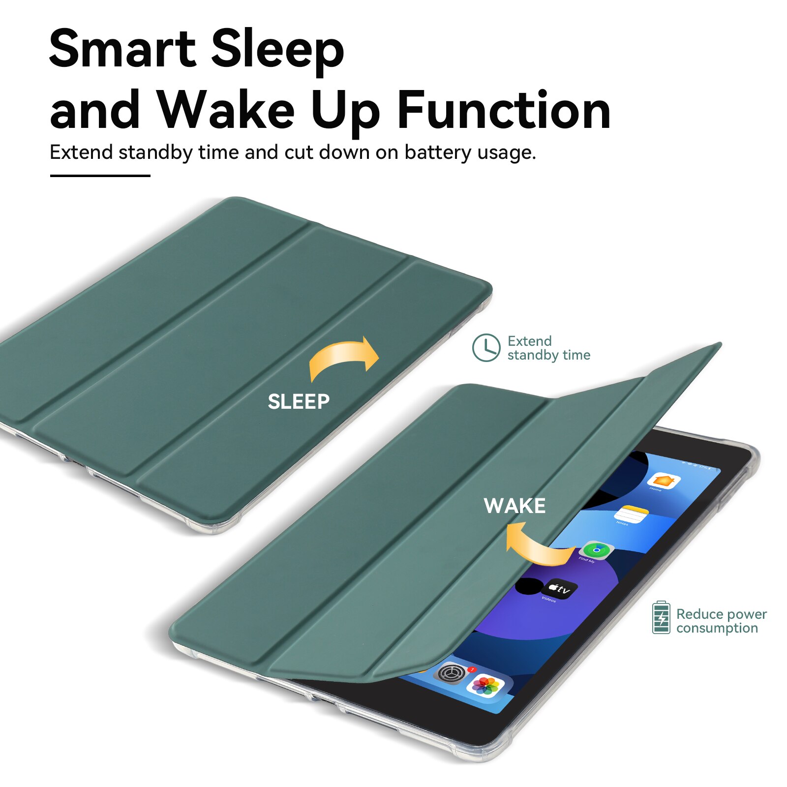 Husa protectie tableta, MuyDouxTech, Piele ecologica/Microfibra/Termoplastic, Pentru iPad 10.2", Suport pentru creion incorporat, Spate moale translucid, Verde inchis/Transparent
