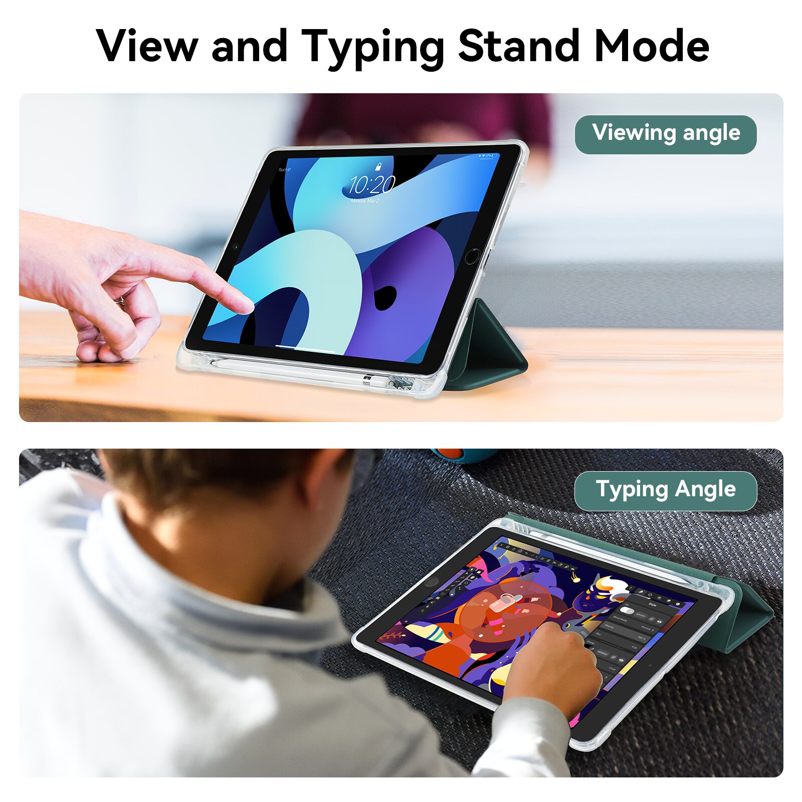 Husa protectie tableta, MuyDouxTech, Piele ecologica/Microfibra/Termoplastic, Pentru iPad 10.2", Suport pentru creion incorporat, Spate moale translucid, Verde inchis/Transparent