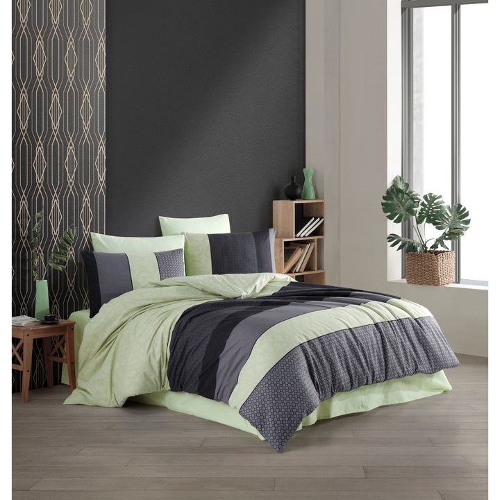 Set cuvertura de pat 3 piese, verde Pascal, 100% bumbac, simplu, cu fermoar, 140x200cm