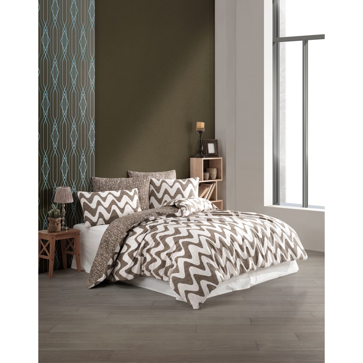 Waves maro, set cuvertura de pat din 3 piese, 100% bumbac armat, simplu, cu fermoar, 140x200cm