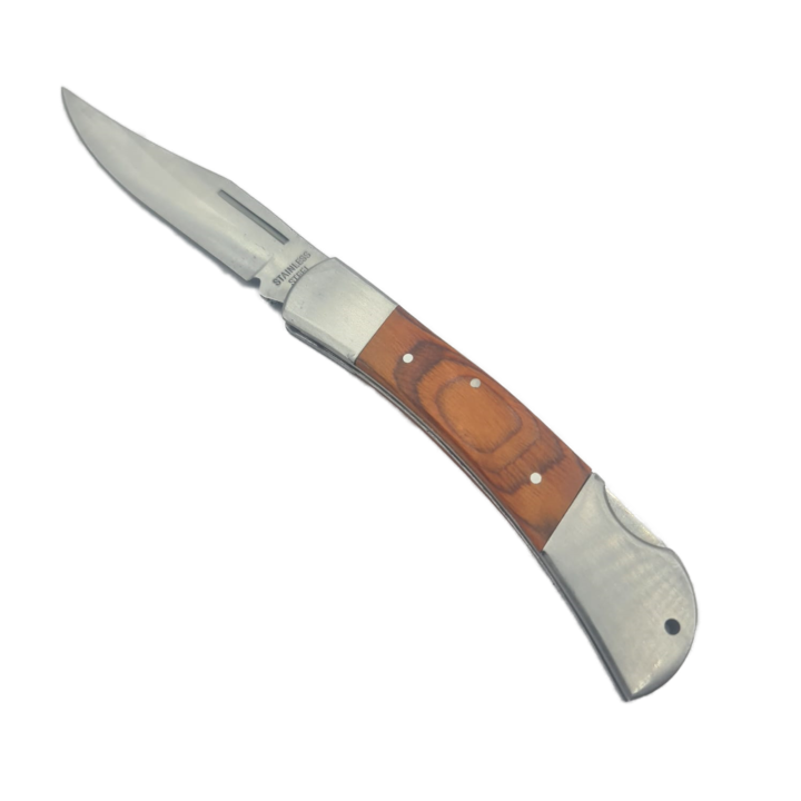 Cutit cu Deschidere Manuala si Inchidere pe Buton, Model cu Maner de Lemn, Curbat, Otel, Agatatoare, 27 cm, Dalimag