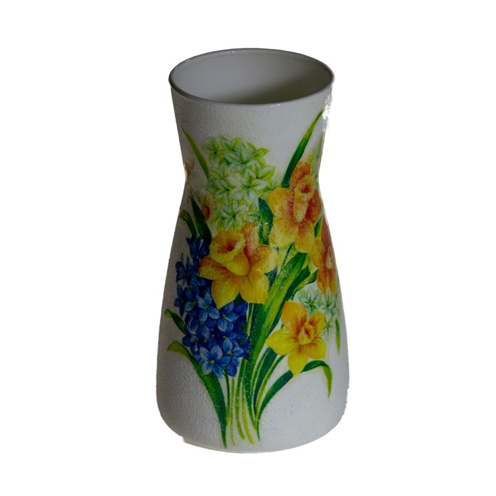 Vaza de sticla, decorata cu zambile si narcise, 10x10x20 cm