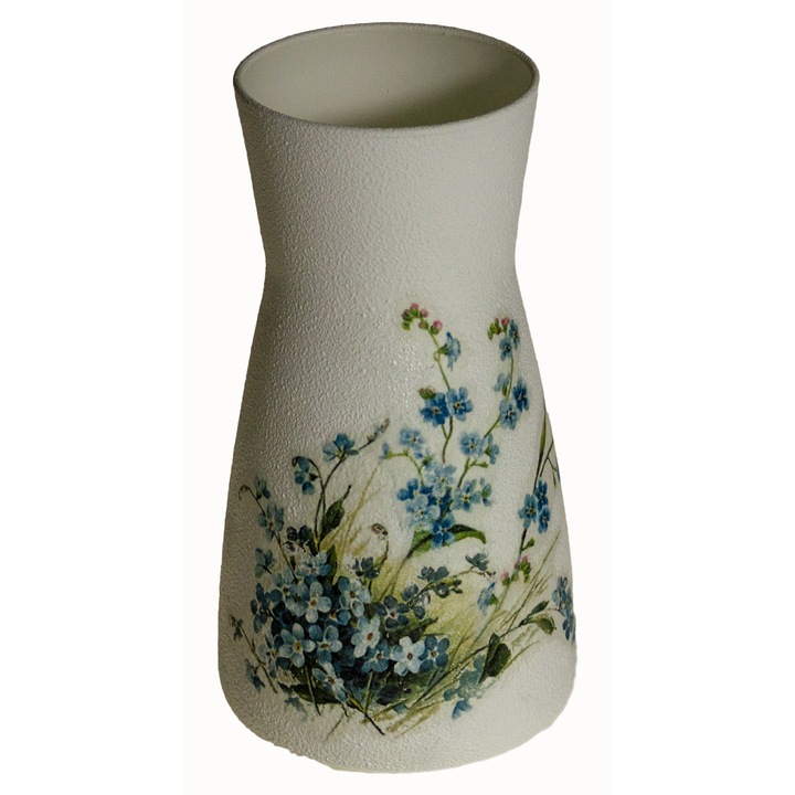 Vaza de sticla, decorata cu flori de nu-ma-uita, 10x10x20cm