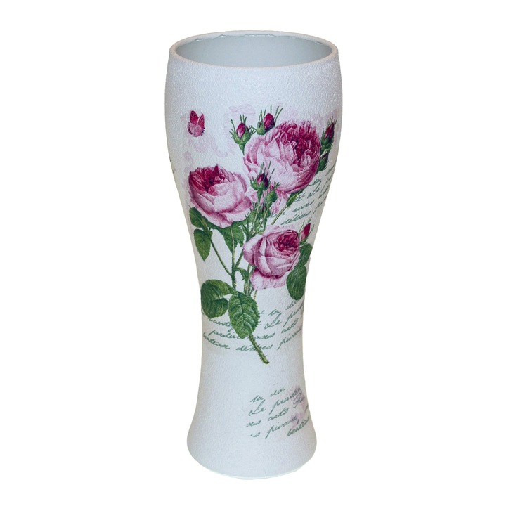 Vaza de sticla, decorata cu trandafiri rosii, 8x8x23cm