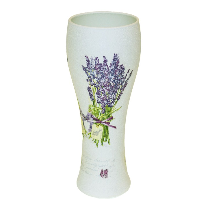 Vaza de sticla, decorata cu lavanda, 8x8x23cm