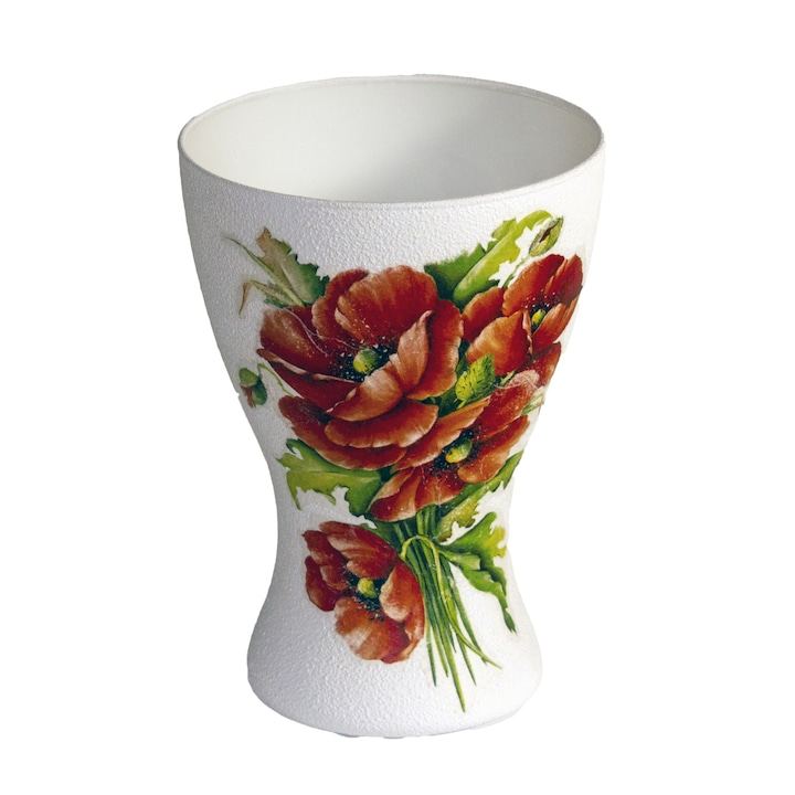 Vaza de sticla, decorata cu maci, 14x14x19,5cm