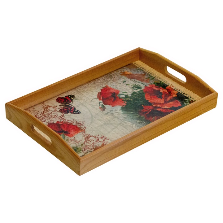 Tava lemn decorata cu maci, 35 x 23 x 3,5 cm