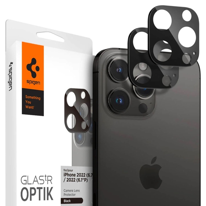 Apple iPhone 14 Pro / 14 Pro Max, Kamera lencsevédő fólia, ütésálló fólia, Tempered Glass (edzett üveg), Spigen Glastr Optik, fekete, 2 db / csomag (RS132715)