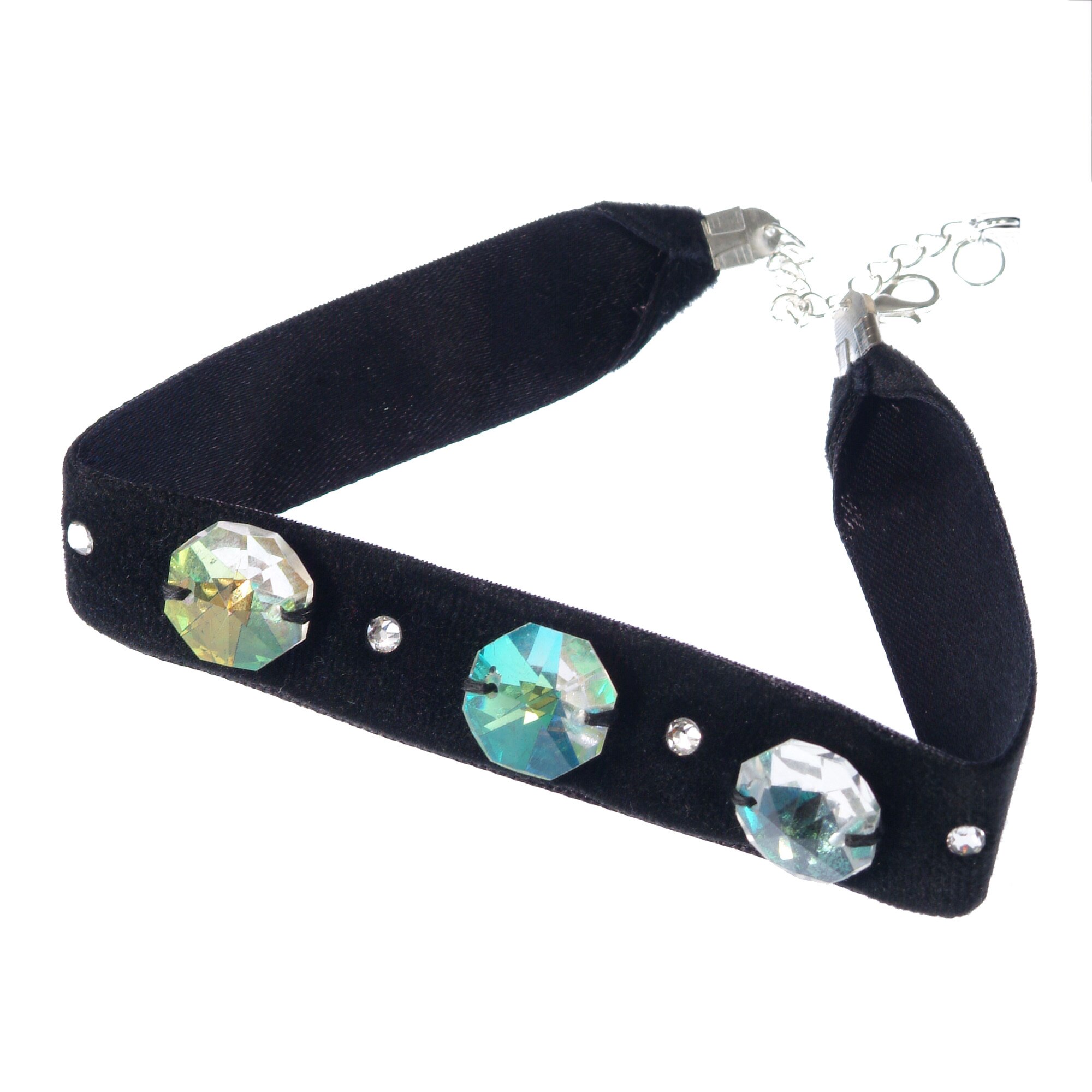 Colier Choker GANELLI cu 3 Cristale octogon mari si 4 mici elements, catifea cu dublura din satin negru