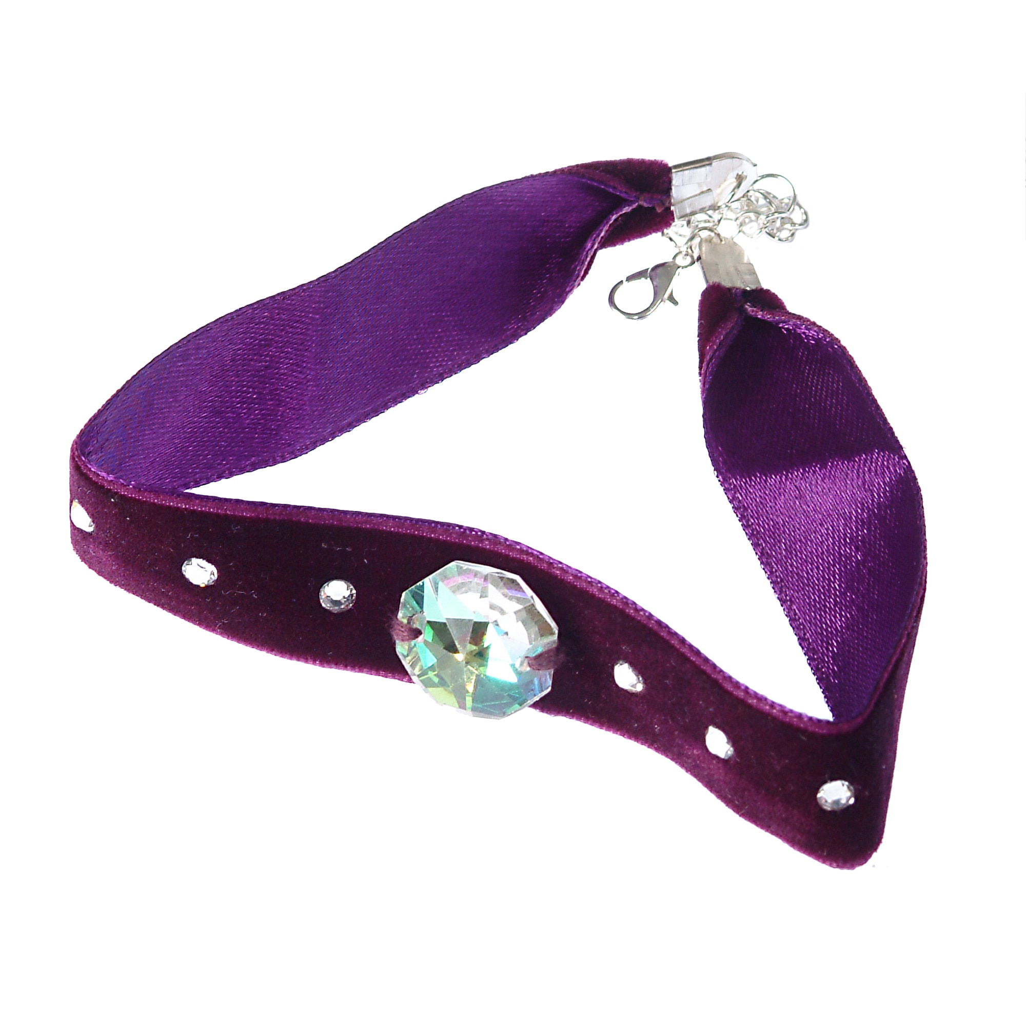 Colier Choker GANELLI cu Cristale elements -un cristal central octogon si 6 mici rotunde, catifea cu dublura din satin mov