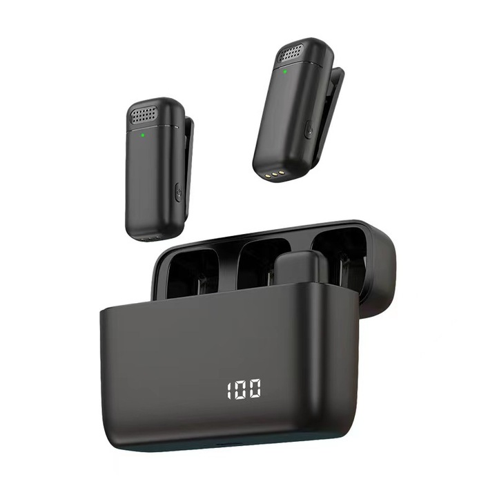 Комплект от 2 петлични микрофона, BOMSTOM, plug and play, цифров дисплей, шумопотискане, 12 часа автономност, тип C, черен