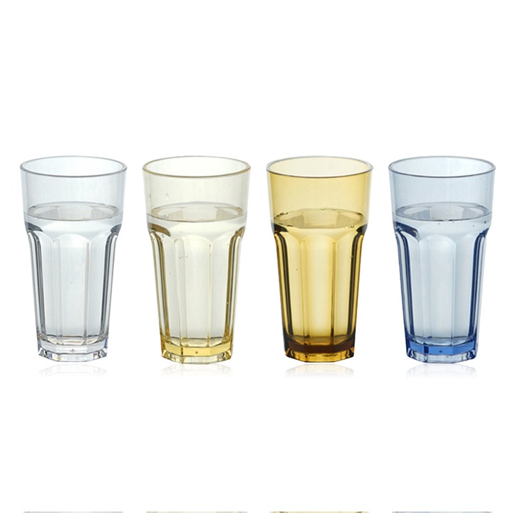 4 darabos PC vizespohár készlet, 330ml, átlátszó, barna, sárga, kék