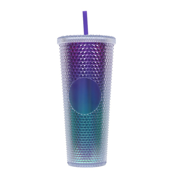 Pohár fedővel és szívószállal, 710 ml, Műanyag, Többszínű