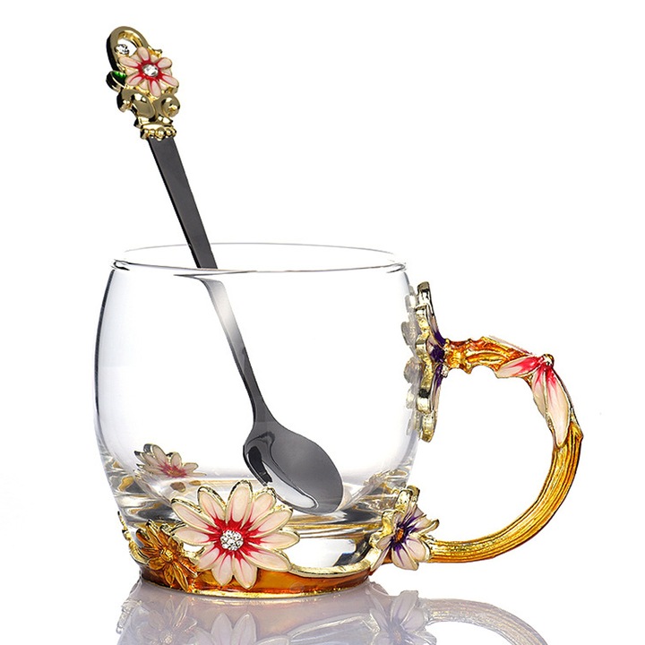 Set casca de cafea, Sticla, Lingura, Multicolor, 320ml