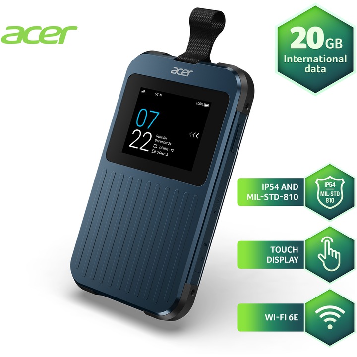 Router Wireless Acer Enduro Connect M3 5G, IP54, MIL-STD-810, Mobile Wi-Fi, 5G NR & LTE Dual Connectivity, 2x2 MIMO, LCD Touchscreen, Baterie 6500mAh, USB-C 3.0, 20GB International Data