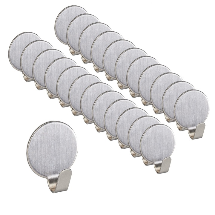Set de carlige adezive din otel inoxidabil, 24 bucati, argintu, suport pentru halate/prosoape/chei