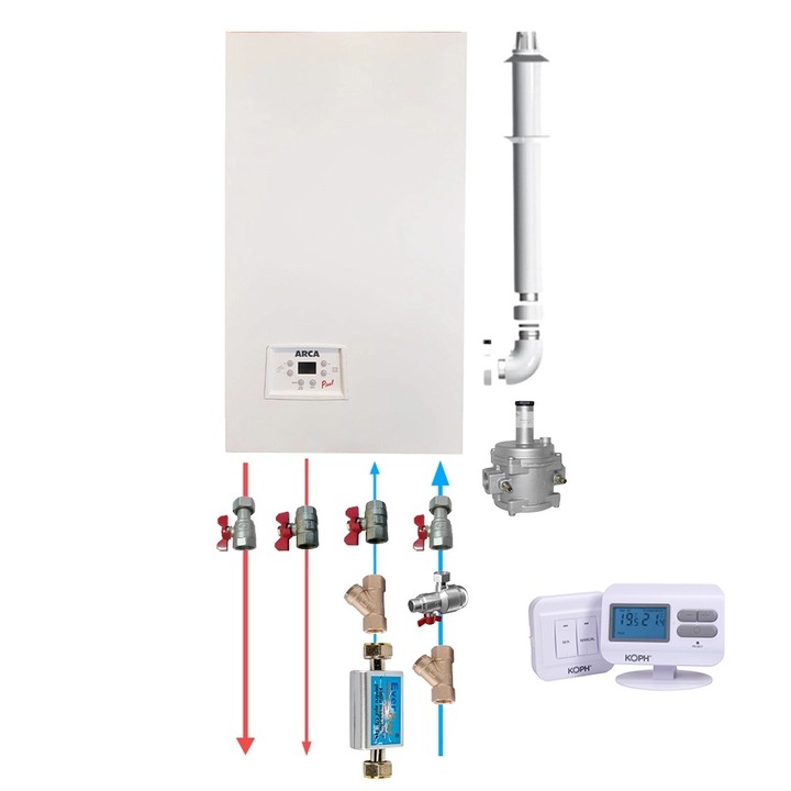 Pachet centrala termica pe gaz conventionala Arca Pixel 25F, 25 kW conventionala, tiraj fortat, incalzire si ACM + Kit armaturi + Kit de evacuare inclus