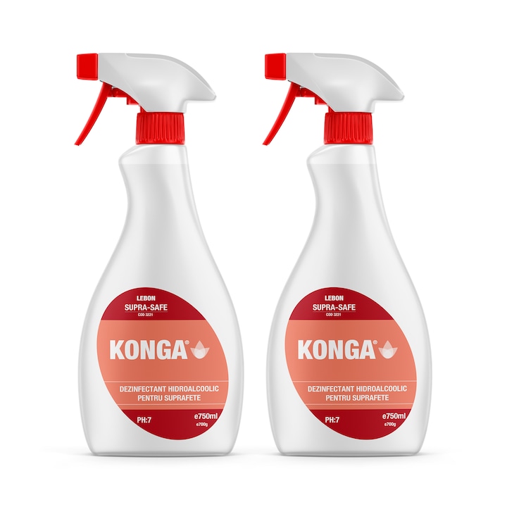 Set - 2 x Konga Dezinfectant Hidroalcoolic pentru Suprafete 750 ml cu pulveriator - Solutie Profesionala cu Actiune Rapida, Pe Baza de Alcool, Eficienta impotriva Bacteriilor, Uscare Rapida Fara Reziduuri, Ideal pentru Birou, Clinici si Spatii Publice