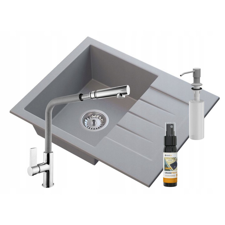 Set complet premium bucatarie cu chiuveta granit Milano + baterie Linea cu dus extractibil + dozator sapun lichid + sifon manual, rezistent la socuri termice, zgarieturi si pete, 574x464mm, adancime cuva 160mm, disponibila in multiple culor