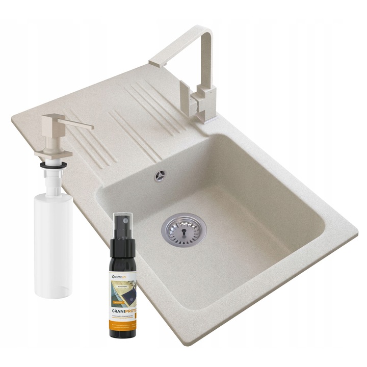 Pachet Bucatarie: Chiuveta Granit ADA 775x435mm, Cuva 160mm, Baterie Alama Nook Duza Patrata, Dozator Lichid, Sifon Manual, Solutie Graniprotect. Rezistent Soc Termic, Zgarieturi, Decolorare. Fabricat Polonia. Design Modern si Personalizabi