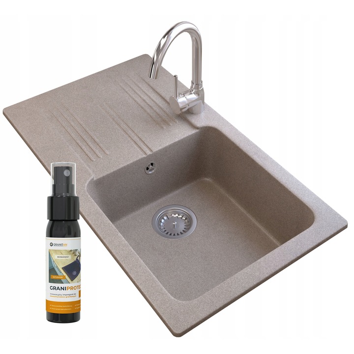 Set Complet Chiuveta Granit ADA Cu Scurgator Robinet Bucatarie Premium Pipa Rotunda Inclus Sifon Automat Economizor Spatiu Impregnare Protectie Suprafata Granit Dimensiuni 775x435mm Adancime Cuva 160mm Rezistent Zgarieturi Soc Termic Fabric