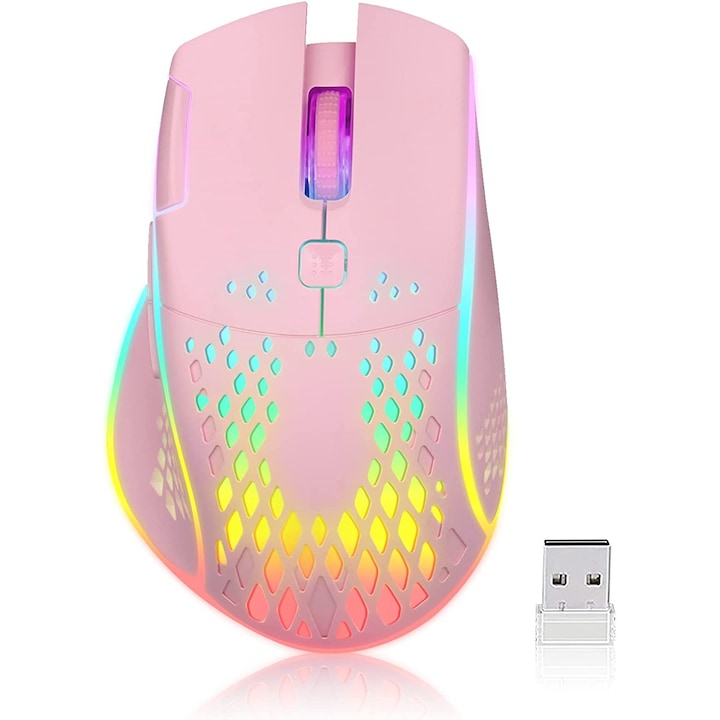 Vezeték nélküli gamer egér, 2,4G, Dupla kattintással és színes LED fényekkel, Csendes kattintással, 3 állítható szint, 400 mAh, Rózsaszín