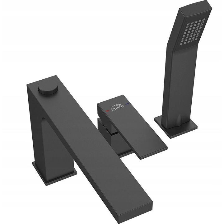 Смесител за баня с 3 отвора, Laveo, месинг, висок 225 мм, включен душ комплект, черен