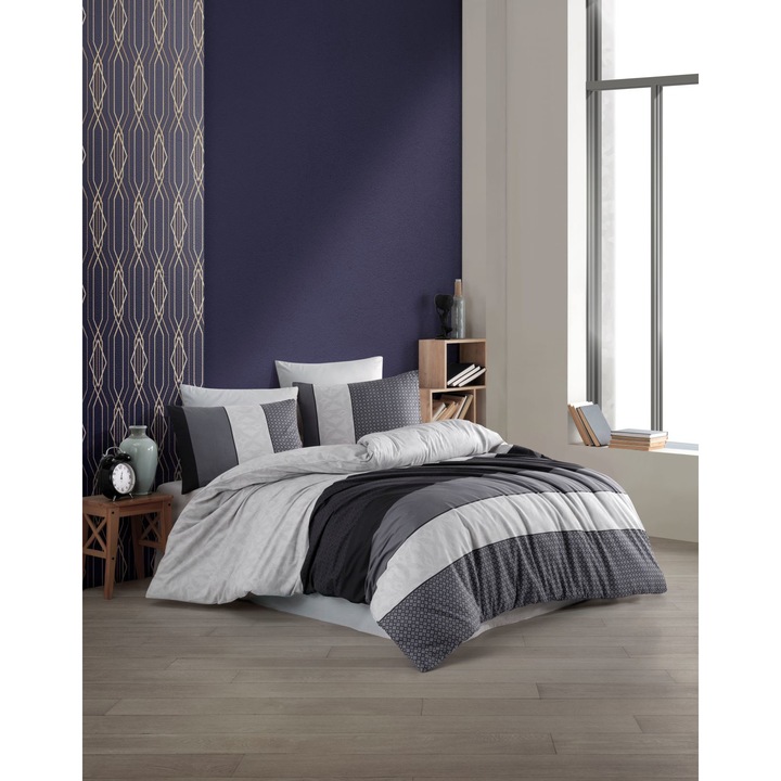 Pascal gri, set cuvertura de pat din 3 piese, 100% bumbac armat, simplu, cu fermoar, 140x200cm