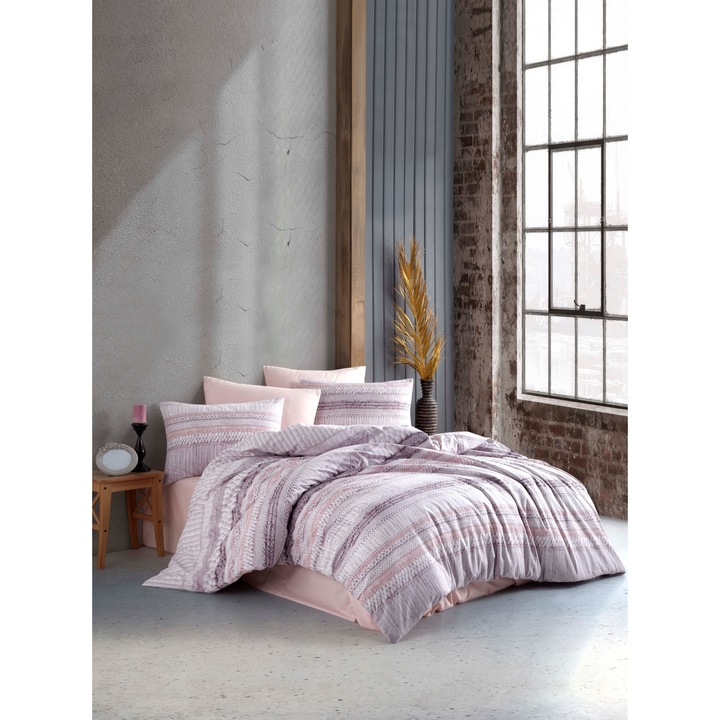 Knit Lilac, set cuvertura de pat din 3 piese, 100% bumbac, simplu, cu fermoar, 140x200cm