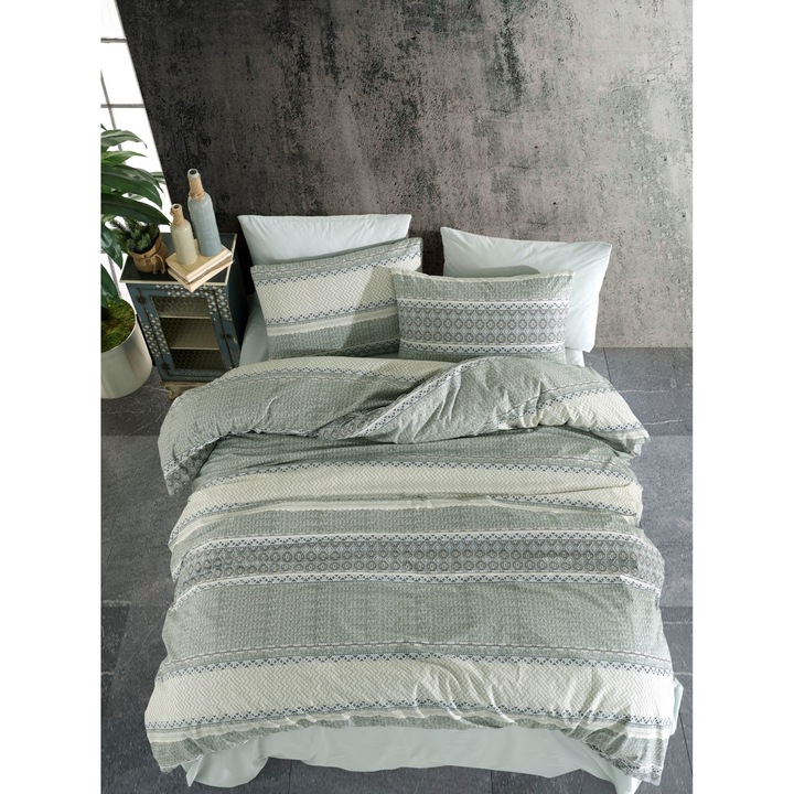 Laura verde, set cuvertura de pat 3 piese, 100% bumbac armat, simplu, cu fermoar, 140x200cm