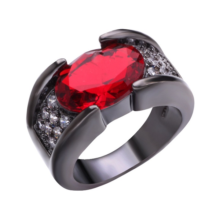 Uniszex gyűrű, ötvözet/féldrágakő, fekete/piros, 6-os méret