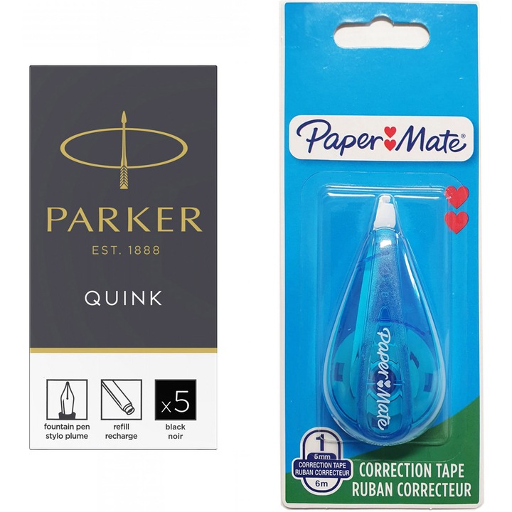 Set Parker 5 cartuse lungi negru + banda corectie 5mm*6m