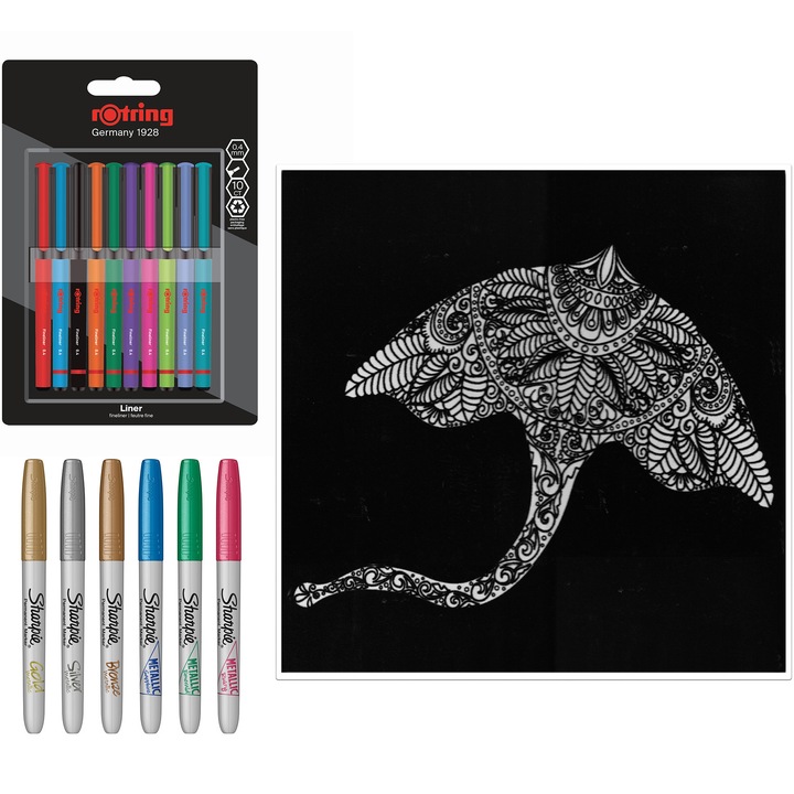 Rotring Color Velvet színező készlet, 10x filctoll, 6x Sharpie metál filctoll, 40 x 40 cm-es tábla