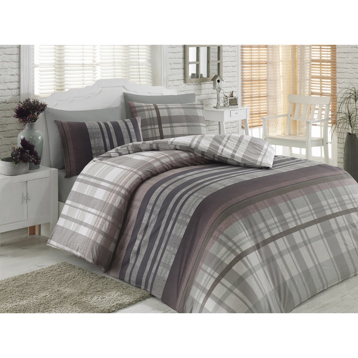 Luke, set cuvertura de pat din 3 piese, 100% bumbac, simplu, cu fermoar, 140x200cm