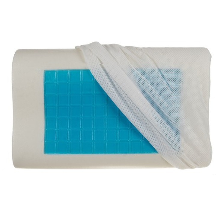 Perna ortopedica din spuma cu memorie, insertie de gel racoritor, husa detasabila, 54x34x10 cm, alb