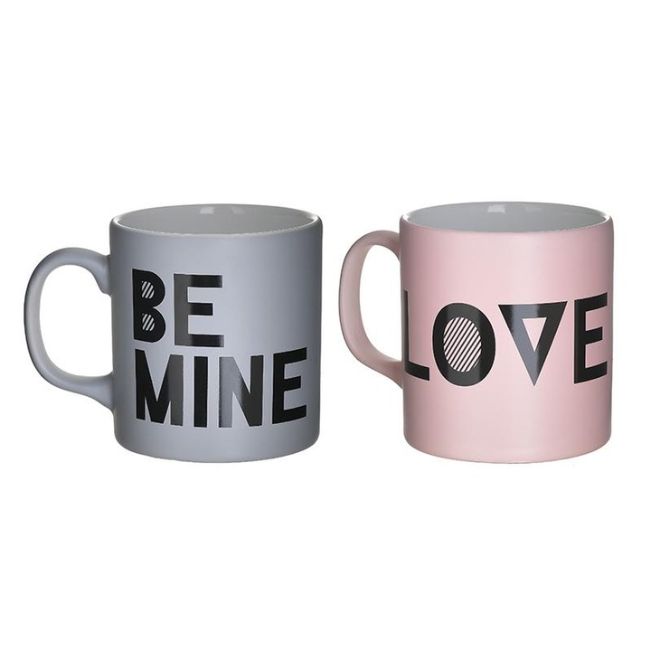 Set 2 cani din ceramica, INART, 320 ml, 8.5 x 8.5 x 9 cm, Gri/Roz