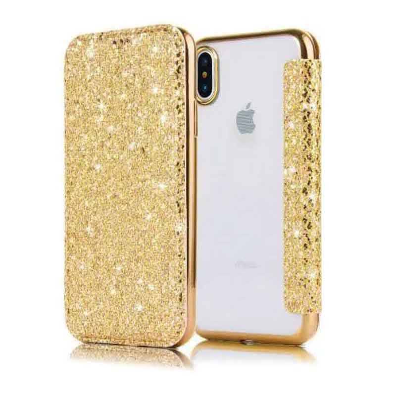 Husa flip tip carte carticica 360 de grade cu Sclipici glitter cristale pentru iPhone X XS 10 GOLD AURIU