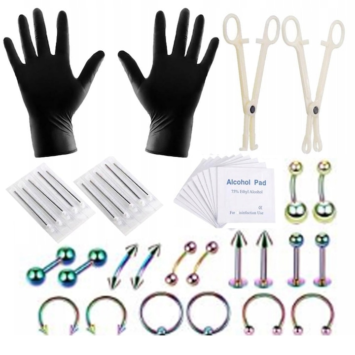 Set piercing, EELHOE, Profesional, Otel inoxidabil, Multicolor