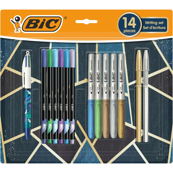 Bic - Fémes írószerkészlet - 1x 4 színű toll, 6x finom vonalzó, 5x állandó marker, 2x Cristal Shine toll