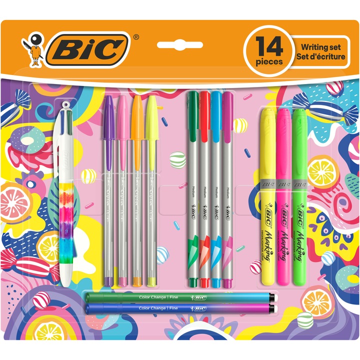Bic színes íróeszköz készlet - 1 db 4 színű toll, 4 db kristálytoll, 4 db közepes hegyű toll, 2 db színváltós toll, 3 db kiemelő