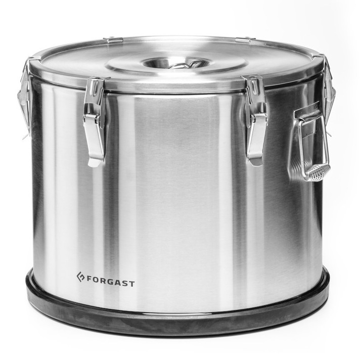 Termos pentru transportul alimentelor, Forgast, Otel inoxidabil, Capacitate 50 l, Diametru 47.6 cm, Inaltime 40 cm, 6 zavoare puternice, Argintiu