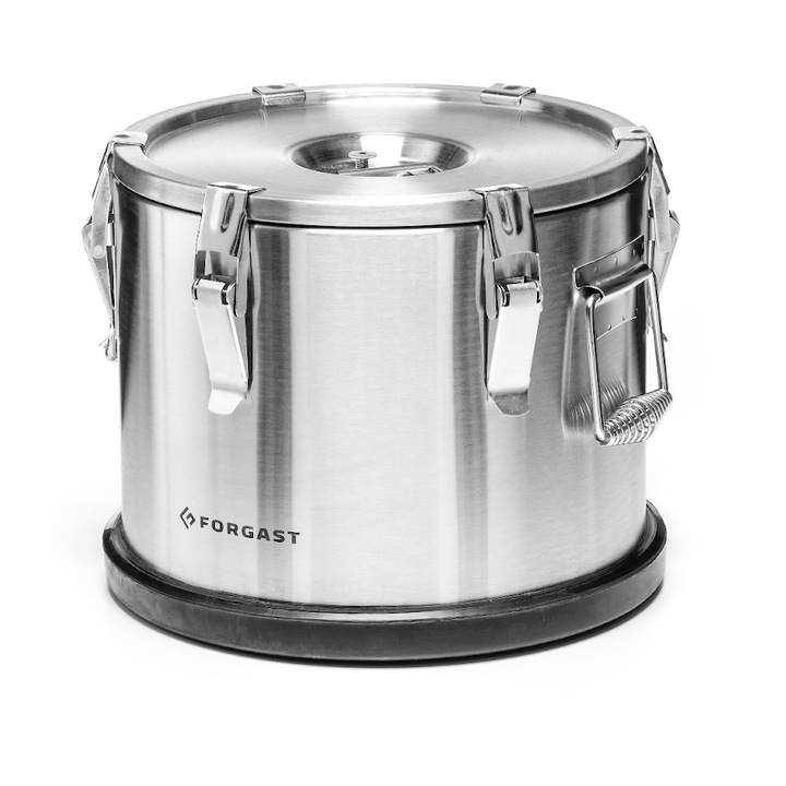 Termos pentru transportul alimentelor, Forgast, Otel inoxidabil, Capacitate 35 l, Diametru 38 cm, Inaltime 40 cm, 6 zavoare puternice, Argintiu