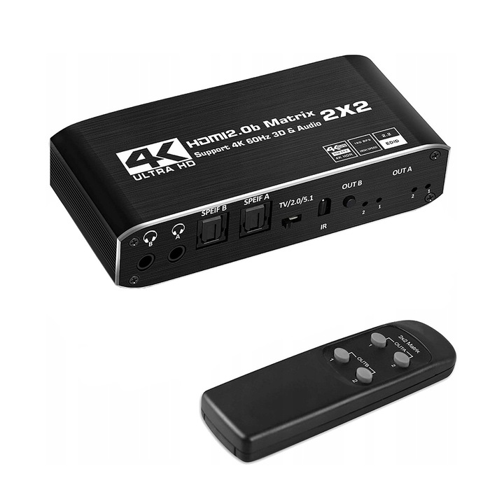 HDMI превключвател 2.0 2x2, PAWONIK, SPDIF, черен