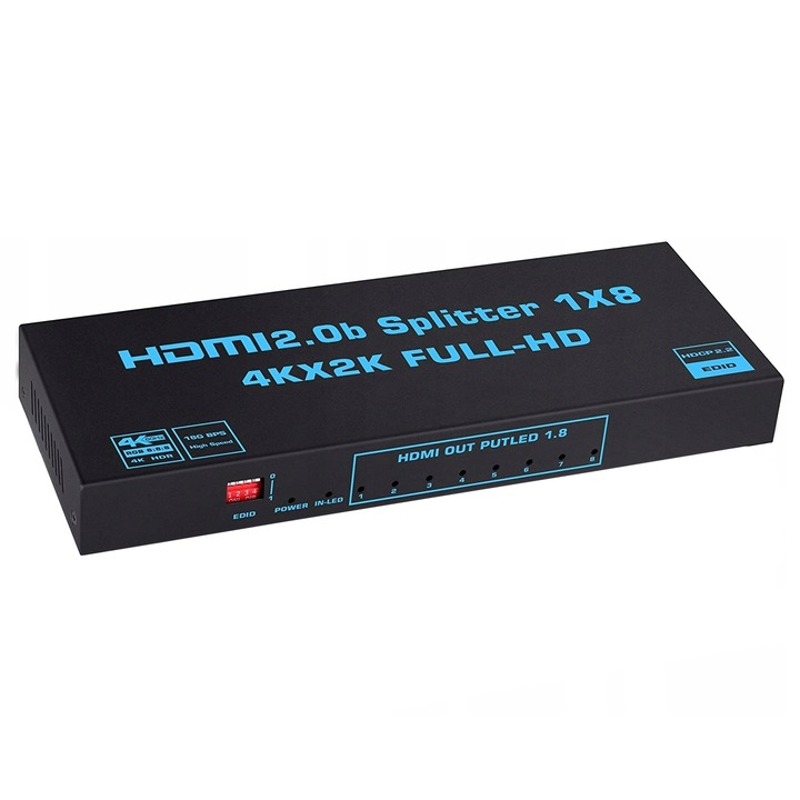 HDMI 2.0 сплитер 1x8, PAWONIK, UltraHD, HDCP 2.2, черен