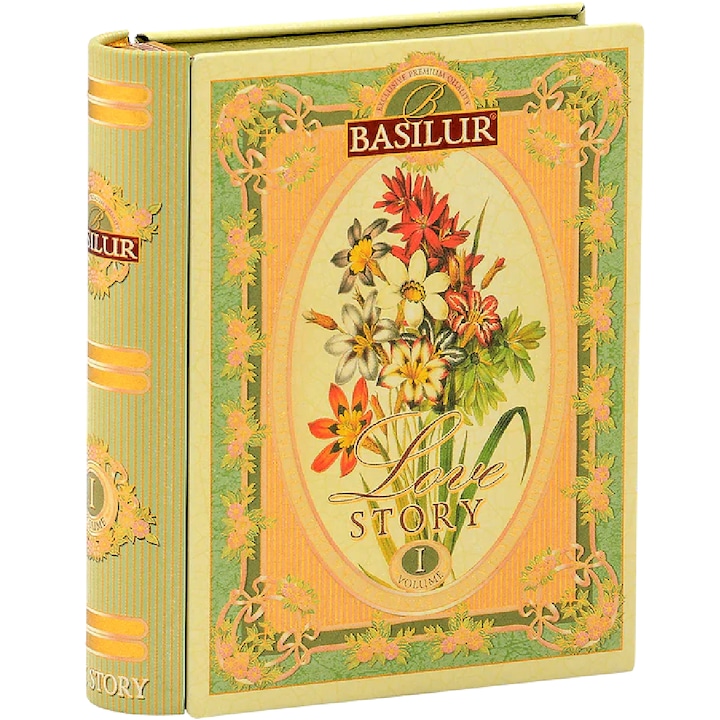 Ceai verde ceylon Mini Love Story vol. 1, cu sofranel, floare de colt si bergamota, carte metalica, 5plicuri x 2gr, Basilur Tea