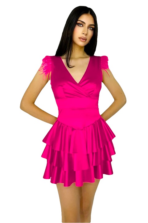 Anisia szatén ruha, fodrokkal, tollas részlettel és mélyedő nyakkivágással, rózsaszín, Univerzális S/M méret